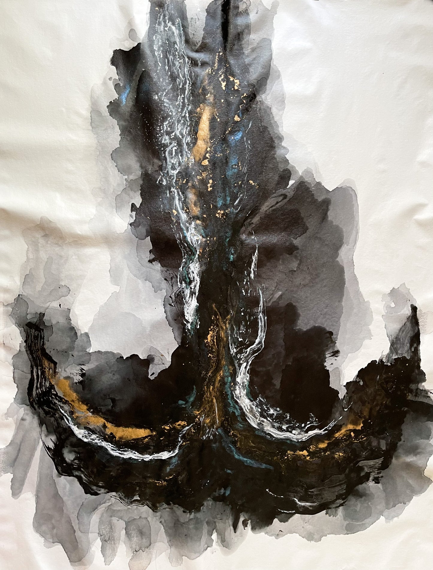 Transcendence, mixed media artwork comprising of flowing greys, blacks and blues.