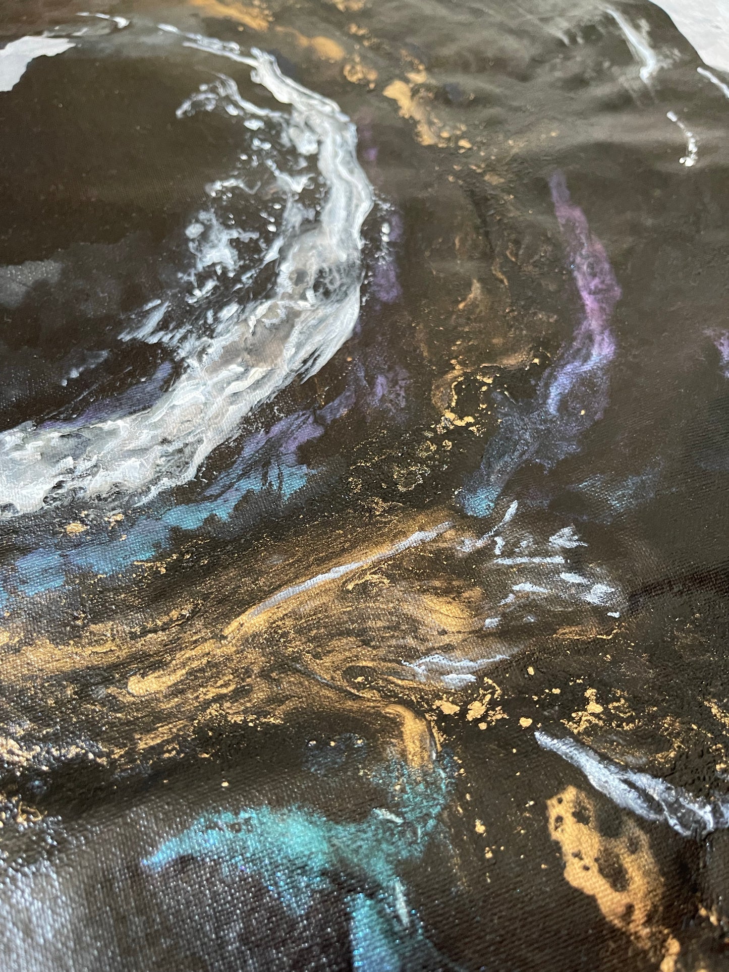Transcendence, mixed media artwork comprising of flowing greys, blacks and blues.