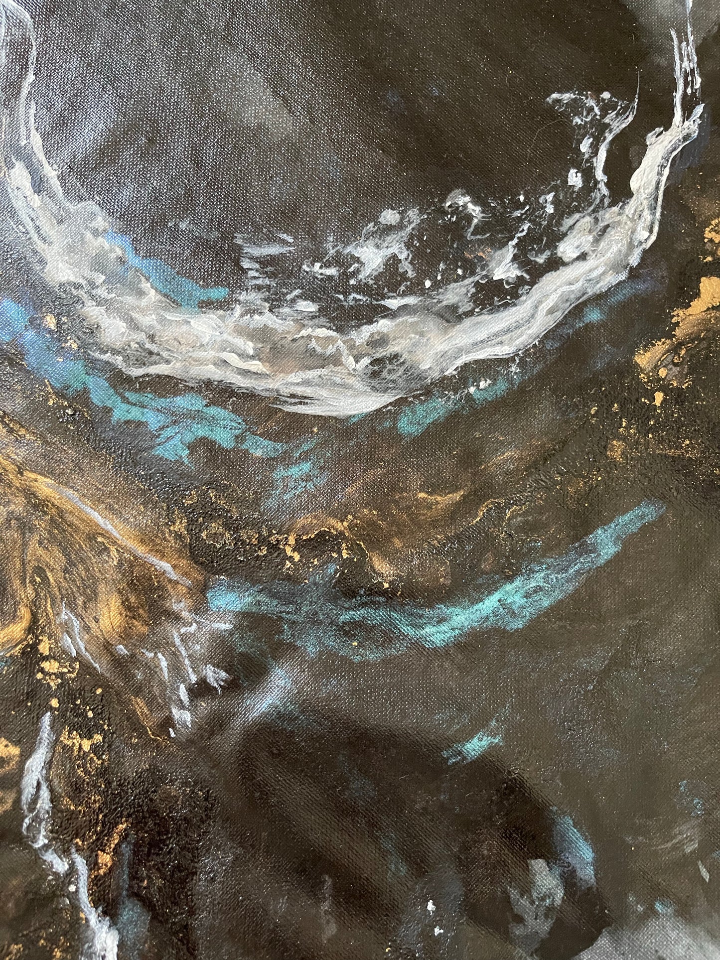 Transcendence, mixed media artwork comprising of flowing greys, blacks and blues.