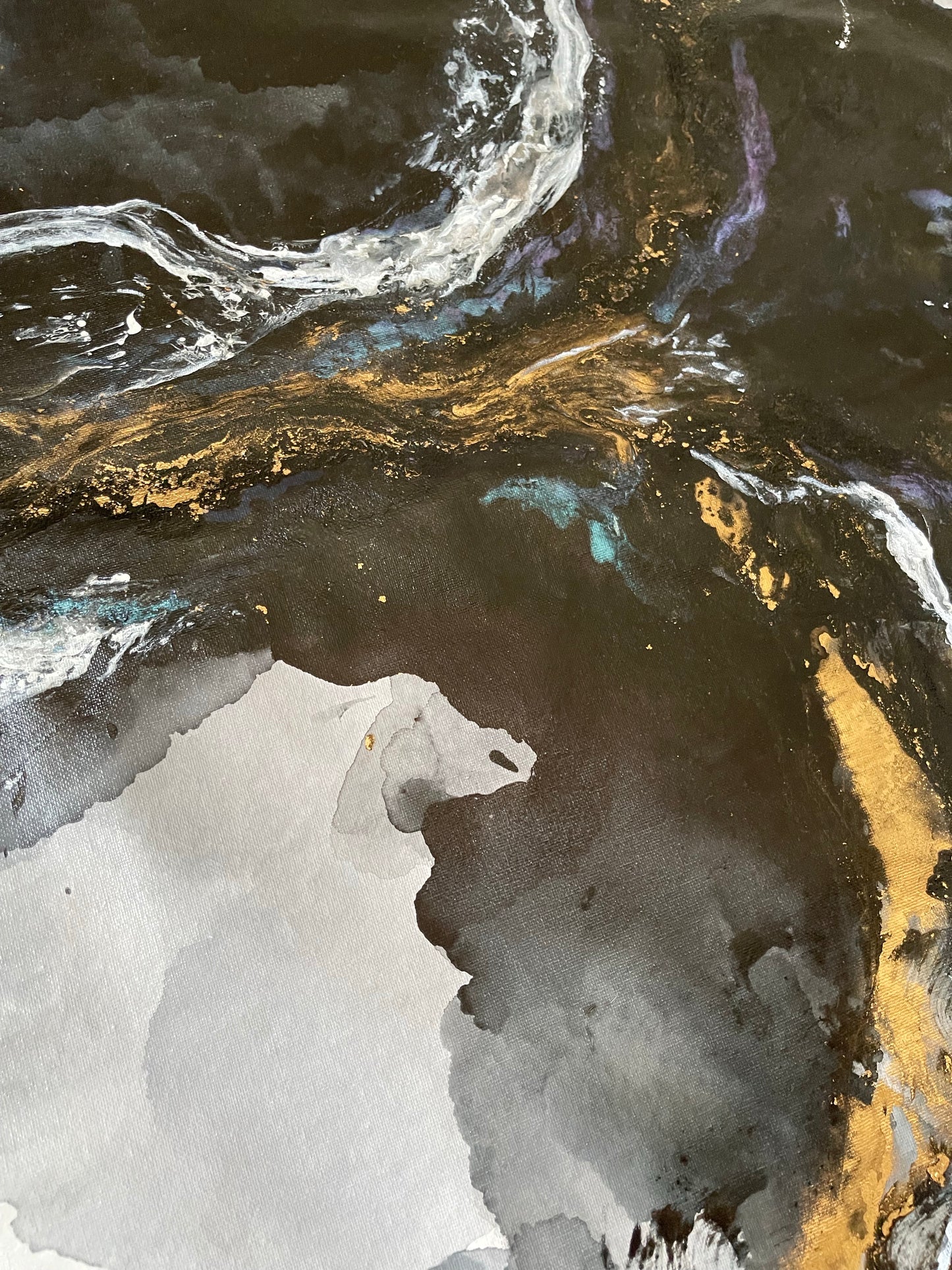 Transcendence, mixed media artwork comprising of flowing greys, blacks and blues.