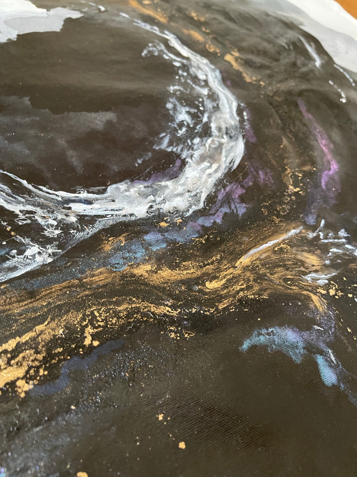Transcendence, mixed media artwork comprising of flowing greys, blacks and blues.
